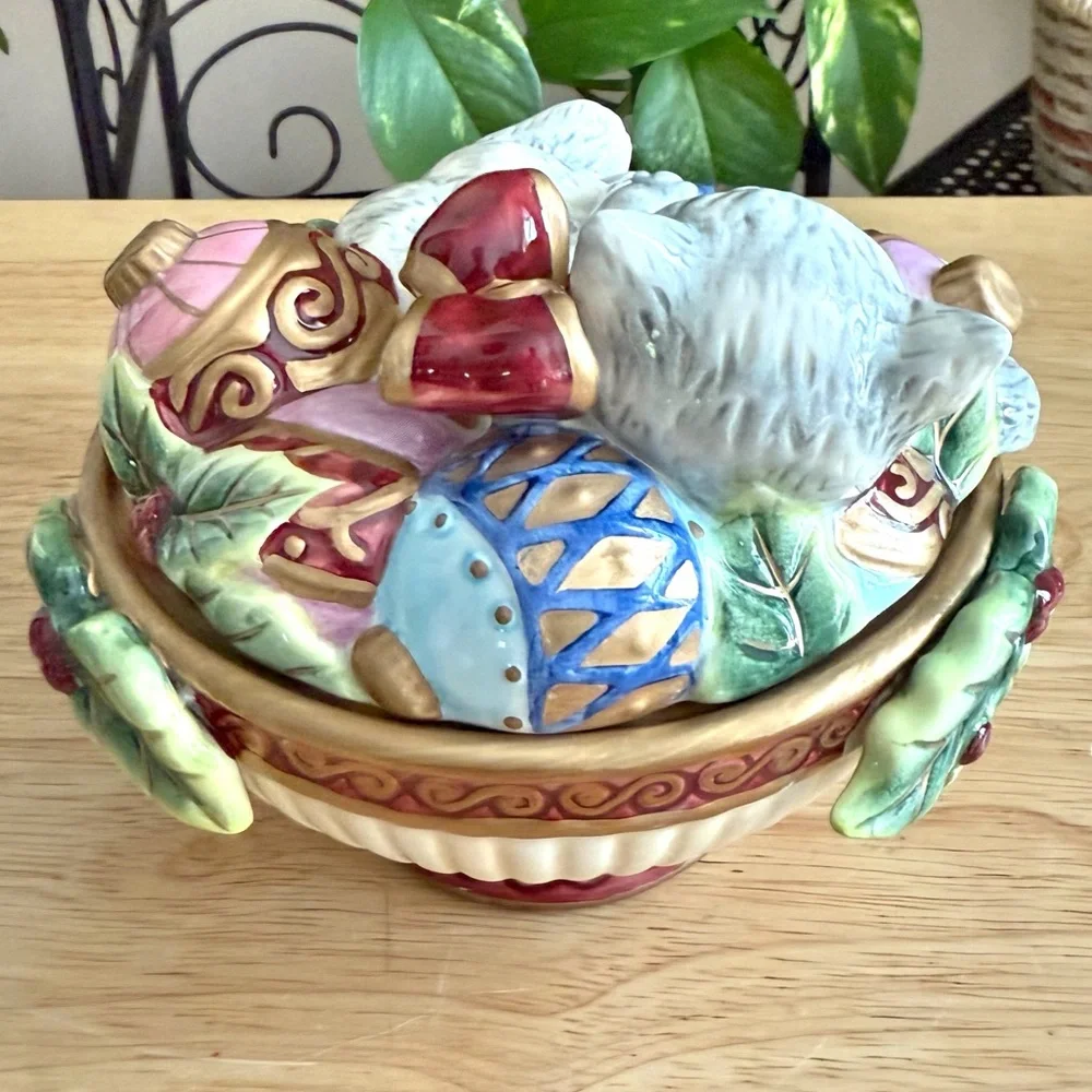 Fitz and Floyd Kristmas Kitty Lidded Box Candy Dish Trinket Jar Holiday Decor